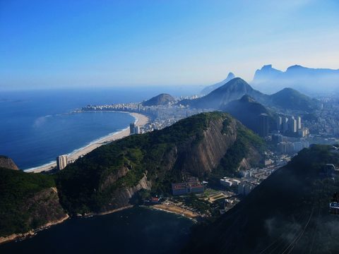 Rio de Janeiro seen from Sugarloaf Mountain: a beach, the ocean and green mountains
