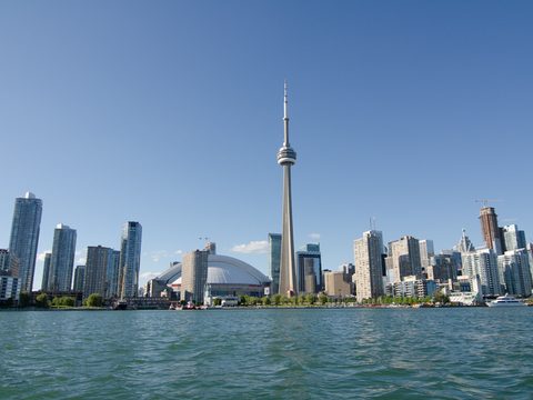 The Toronto skyline with the CN Tower, seen from the lake
