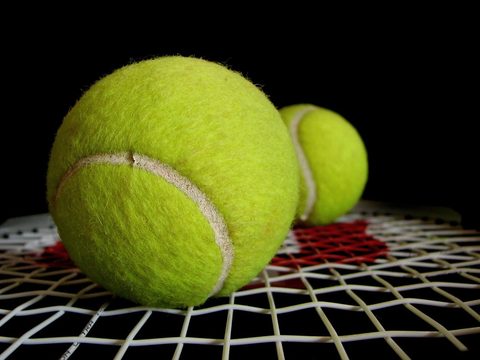 Two yellow tennis balls on a tennis racket