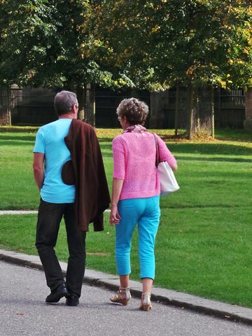 An older couple walking together in a green park