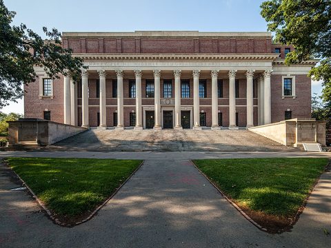Widener Library at Harvard University, a big brick building with tall columns and a green lawn