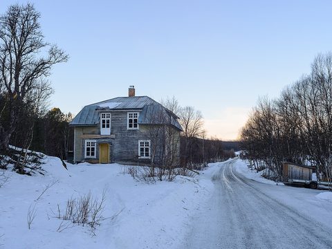 A snowy road, an old wooden house and white birch trees in a small village in the north of Sweden